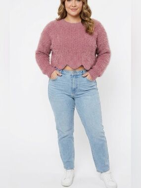 Ivory Rose Pink Eyelash Knit Scalloped Hem Crop Sweater Size Medium